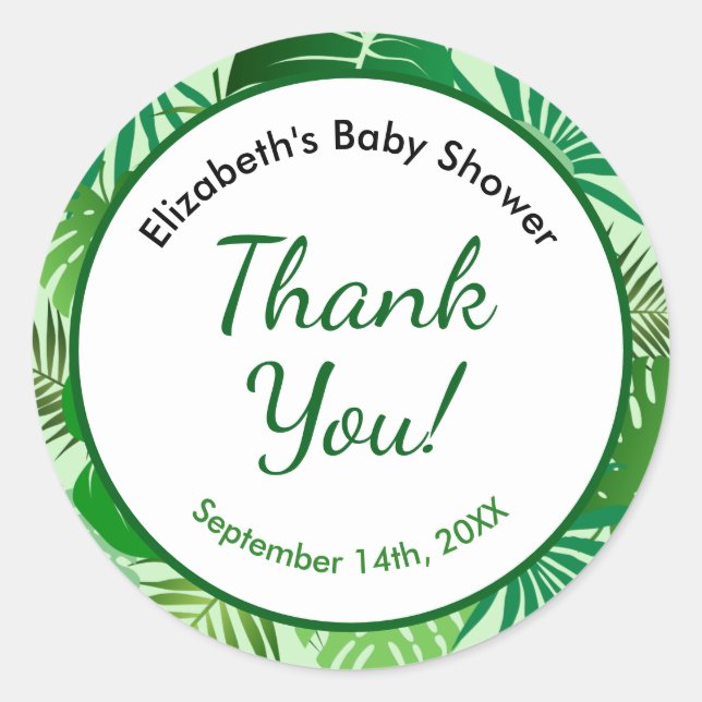 Tropical Leaves Rainforest Baby Shower Thank You Classic Round Sticker (Front)