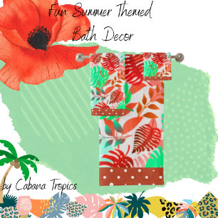 Tropical Leaves Red, Green, Coral, Teal, Red Trim  Bath Towel Set