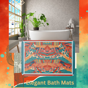 Tropical Leaves Red, Orange Teal  Bath Mat