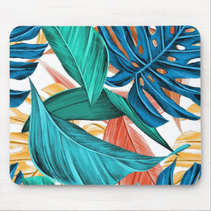 Tropical Leaves red yellow and blue Mouse Pad