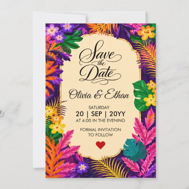 Tropical Leaves Save The Date Card (Front)