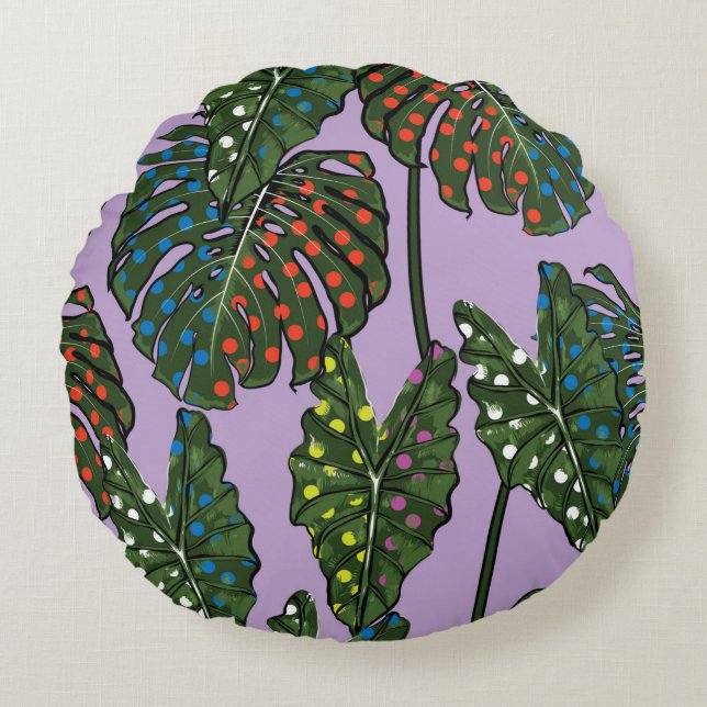 Tropical leaves seamless pattern on colourful pop  round cushion (Front)