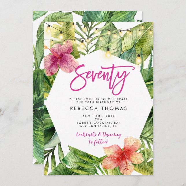 Tropical leaves seventy birthday party invitation (Front/Back)