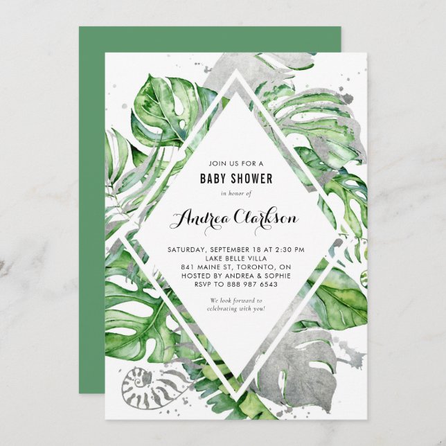 Tropical Leaves Silver Foil Summer Baby Shower Invitation (Front/Back)
