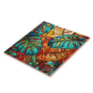 Tropical leaves Stained glass art Ceramic Tile
