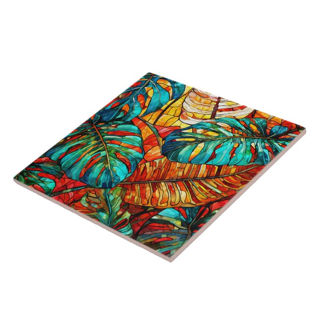Tropical leaves Stained glass art Ceramic Tile (Side)