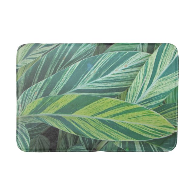 Tropical Leaves Striped Green Foliage Tropics Bath Mat (Front)