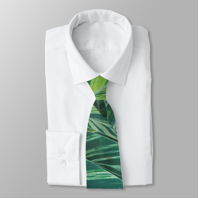 Tropical Leaves Striped Green Foliage Tropics Tie (Tied)