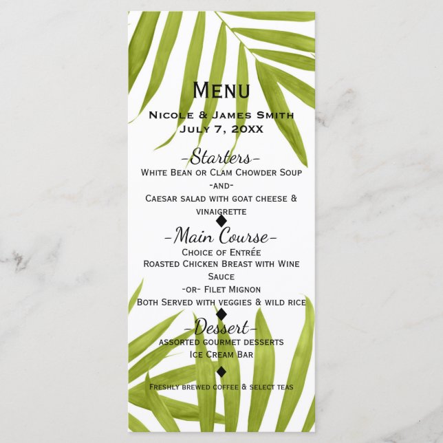 Tropical Leaves Summer Elegant Wedding Menu (Front)