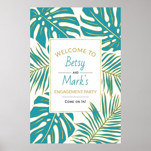 Tropical leaves teal gold wedding welcome sign (Front)