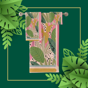 Tropical Leaves Teal, Green, Pink, Beachy Colours Bath Towel Set