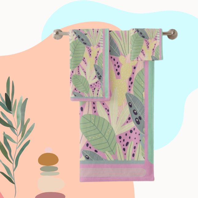 Tropical Leaves Teal, Green, Pink, Beachy Colours Bath Towel Set (Creator Uploaded)