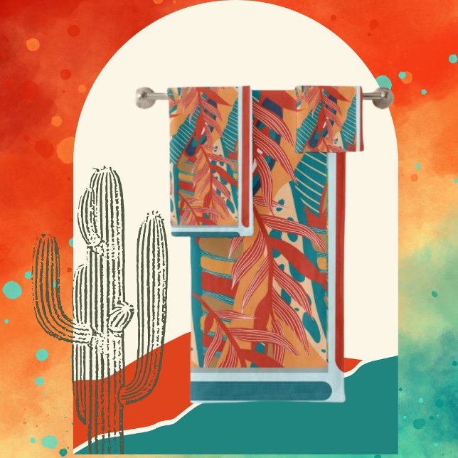 Tropical Leaves Teal, Red, Orange & Beachy Colours Bath Towel Set (Creator Uploaded)