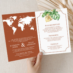 Tropical Leaves Terracotta Map All in One Wedding Invitation