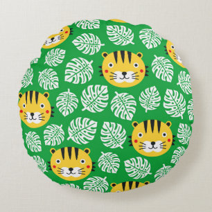 Tropical Leaves Tiger Kid Pattern Round Cushion
