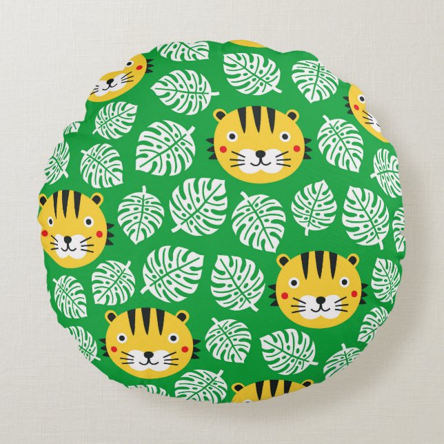 Tropical Leaves Tiger Kid Pattern Round Cushion (Front)