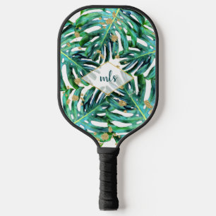 Tropical Leaves w Gold Glitter Beach Monogram Pickleball Paddle