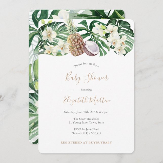 Tropical Leaves Watercolor Baby Shower Invitation (Front/Back)
