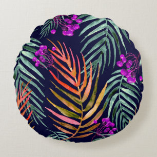 Tropical leaves. Watercolor leaves of a tree, palm Round Cushion