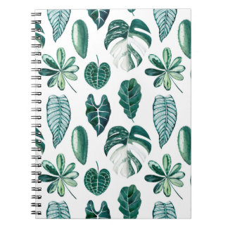 Tropical leaves watercolor seamless pattern with m notebook