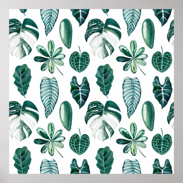 Tropical leaves watercolor seamless pattern with m poster (Front)