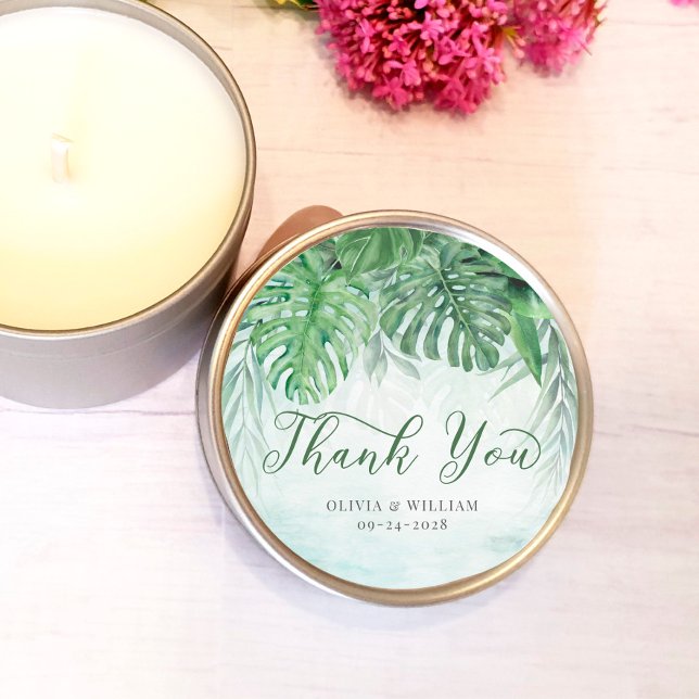 Tropical Leaves Watercolor Thank You Wedding Classic Round Sticker (Creator Uploaded)