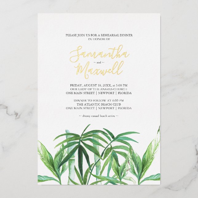 Tropical Leaves Watercolor Wedding Foil Invitation (Front)