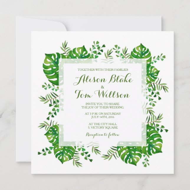 Tropical leaves watercolor wedding invitation (Front)