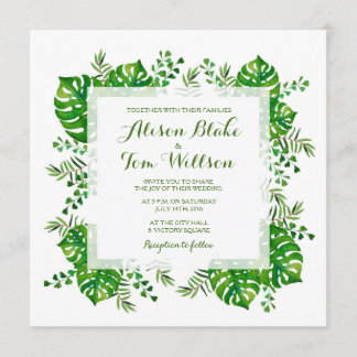 Tropical leaves watercolor wedding invitation