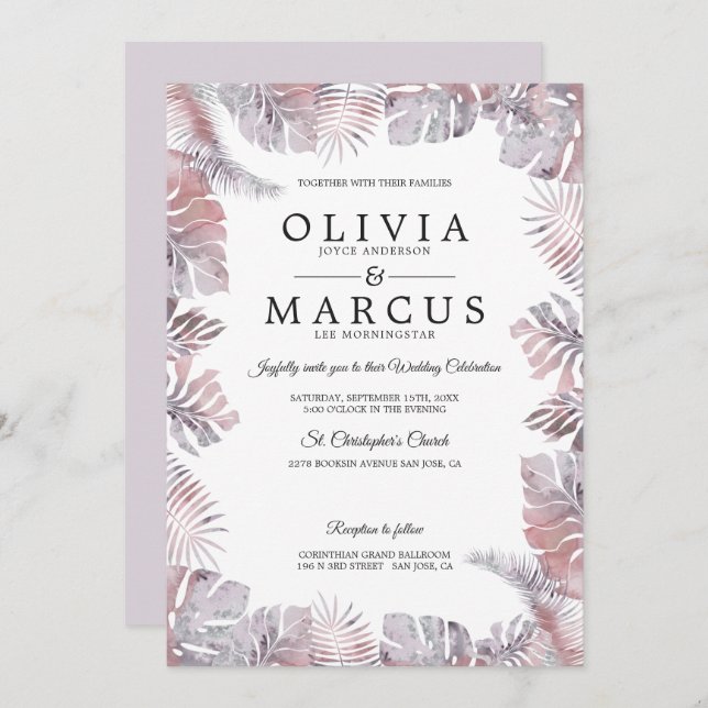 Tropical Leaves Watercolor Wedding Mauve Rose Invitation (Front/Back)