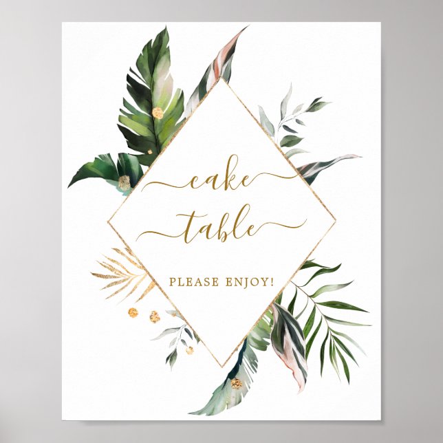 Tropical Leaves Wedding Cake Table Sign (Front)