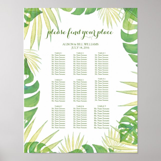 Tropical leaves wedding dinner seating chart (Front)