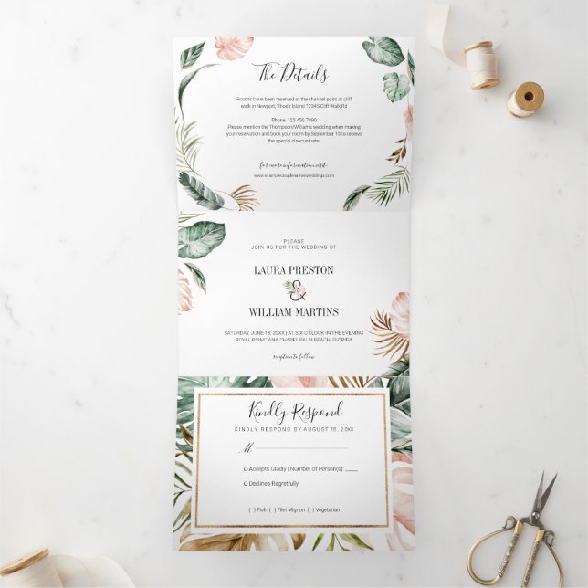 Tropical Leaves Wedding Photo with RSVP Details Tri-Fold Invitation (Inside)