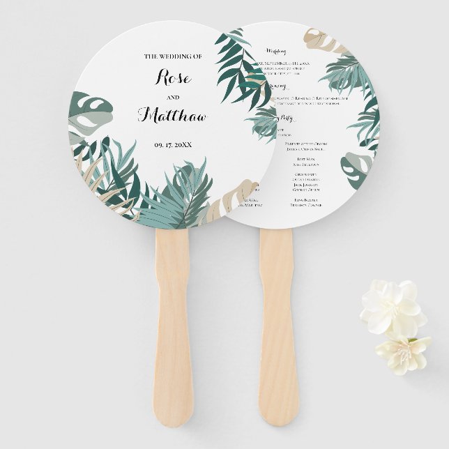 Tropical leaves Wedding Program Hand Fan (Front and Back)