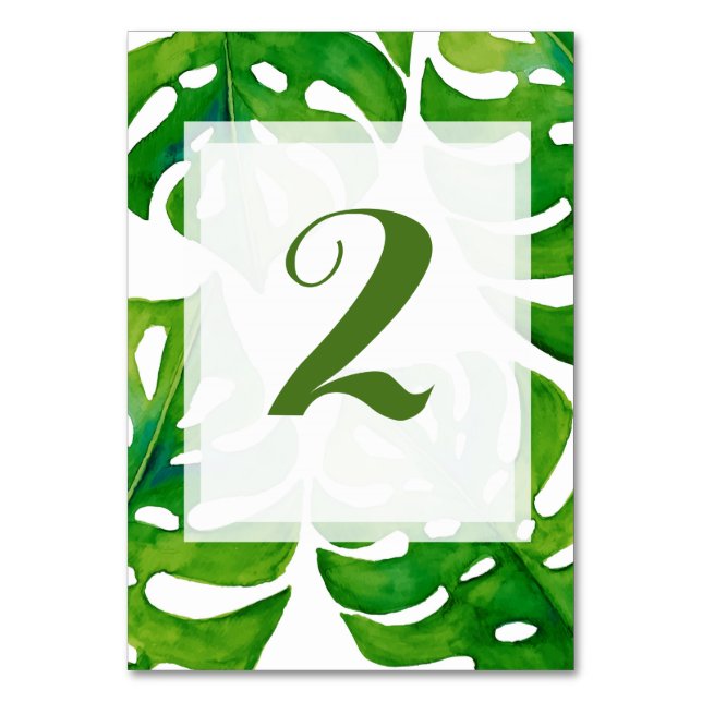 Tropical leaves wedding reception table number (Front)