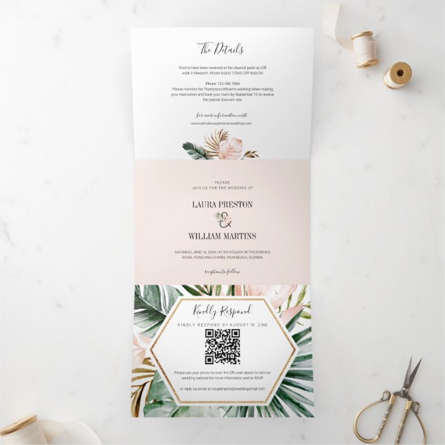 Tropical Leaves Wedding RSVP QR Code Details Photo Tri-Fold Invitation (Inside)