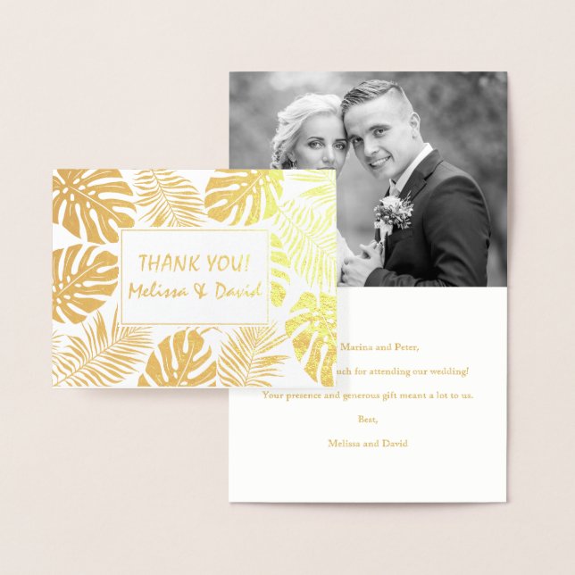 Tropical leaves wedding Thank you photo gold Foil Card (Display)