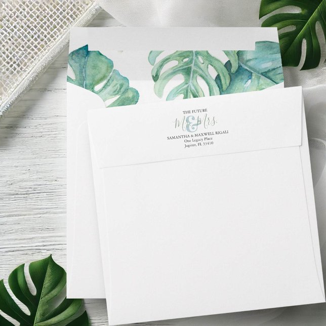 Tropical Leaves Weddings Return Address Envelopes (Return address envelopes tropical weddings monstera palm leaf watercolor art by Victoria Grigaliunas)