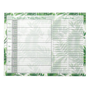 Tropical Leaves Weekly Personalised Menu Plan Notepad
