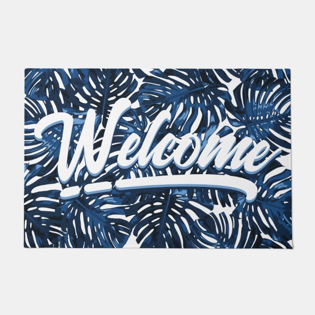 Tropical Leaves Welcome Navy Blue White Script Doormat (Front)