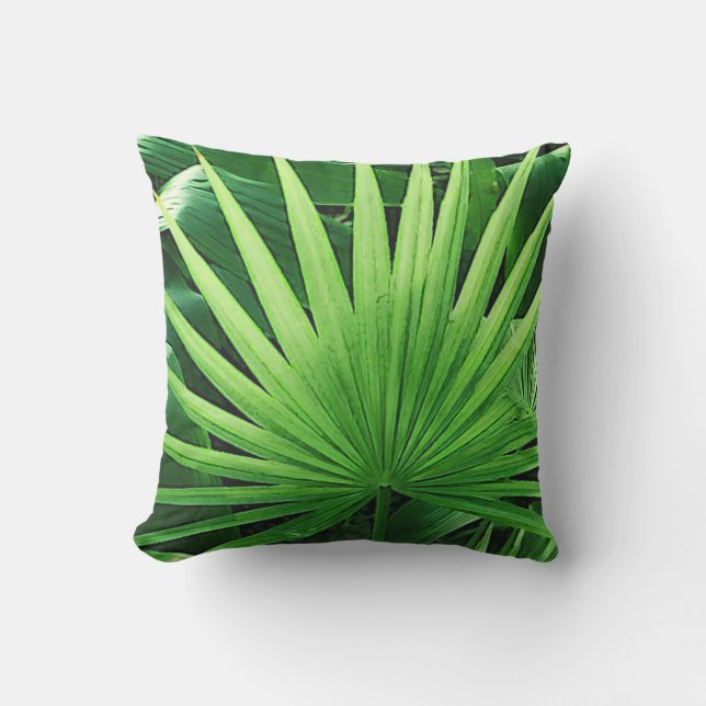 Tropical Leaves, Windmill Palm, Dark Green Cushion (Front)