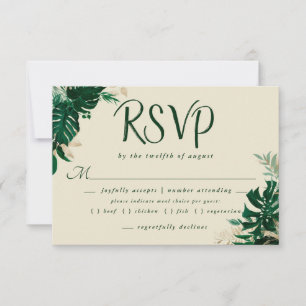 Tropical Leaves with Gold Meal Choice Wedding RSVP Card