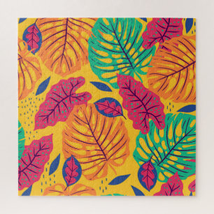Tropical leaves: yellow background vintage graphic jigsaw puzzle