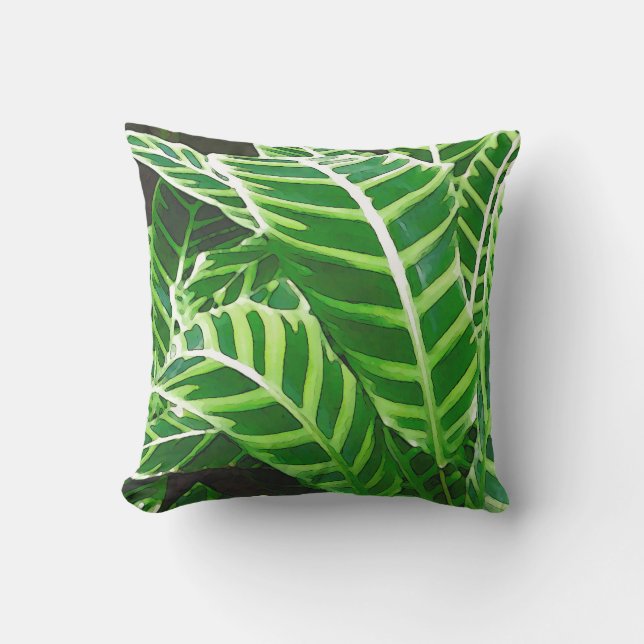 Tropical Leaves, Zebra Plant, Dark Green Outdoor Cushion (Front)
