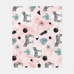 Tropical Leaves Zebras Tie-Dye Pattern Fleece Blanket