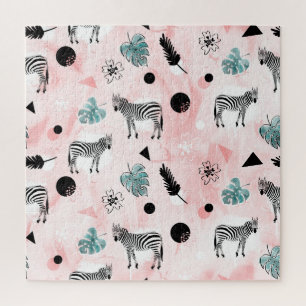 Tropical Leaves Zebras Tie-Dye Pattern Jigsaw Puzzle