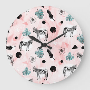 Tropical Leaves Zebras Tie-Dye Pattern Large Clock