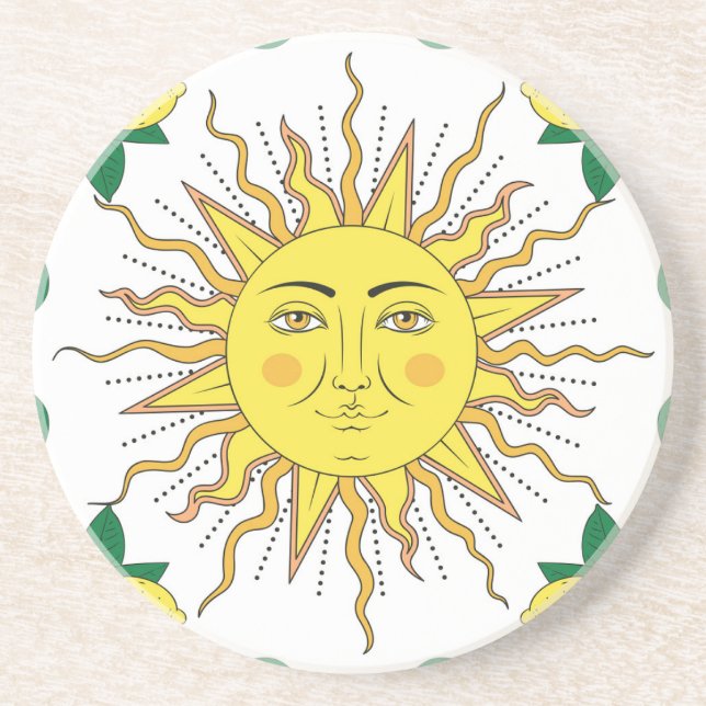 Tropical Lemon Fruits, Sun Face. Coaster (Front)