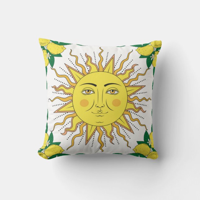 Tropical Lemon Fruits, Sun Face. Cushion (Front)