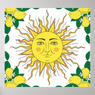 Tropical Lemon Fruits, Sun Face. Poster